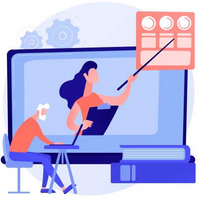 Education for older people. Senior couple of people watching online courses on laptop, getting academic degree. Webinar, internet seminar. Vector isolated concept metaphor illustration